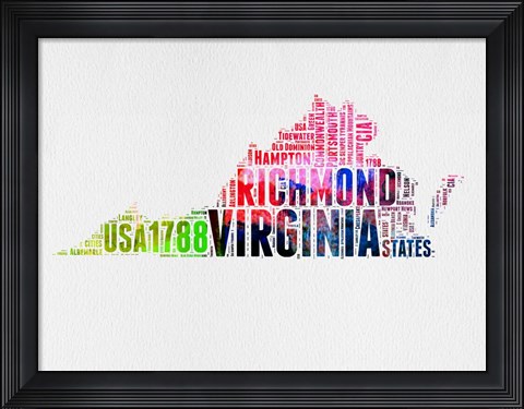 Framed Virginia Watercolor Word Cloud Print