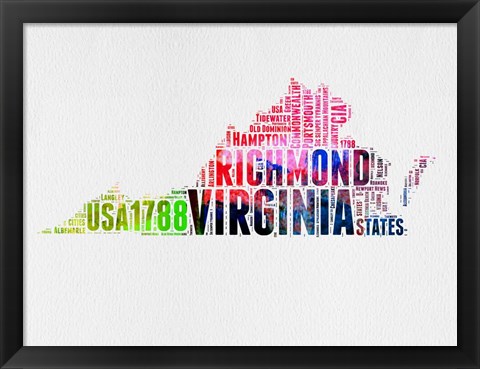 Framed Virginia Watercolor Word Cloud Print