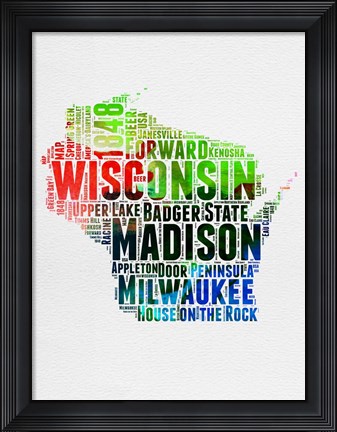 Framed Wisconsin Watercolor Word Cloud Print