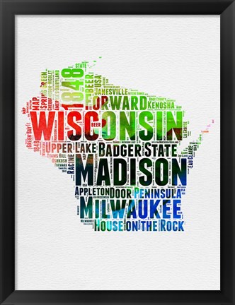 Framed Wisconsin Watercolor Word Cloud Print