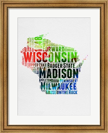 Framed Wisconsin Watercolor Word Cloud Print