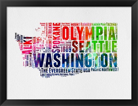 Framed Washington Watercolor Word Cloud Print