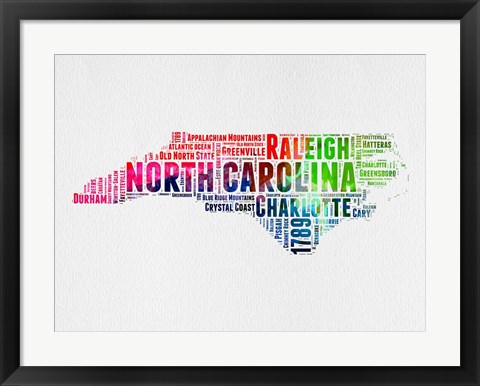 Framed North Carolina Watercolor Word Cloud Print