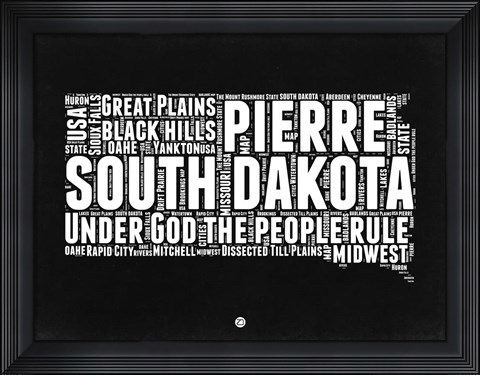 Framed South Dakota Black and White Map Print
