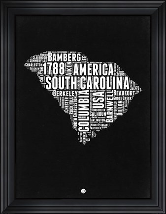 Framed South Carolina Black and White Map Print