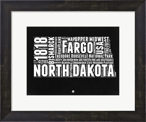 Framed North Dakota Black and White Map Print