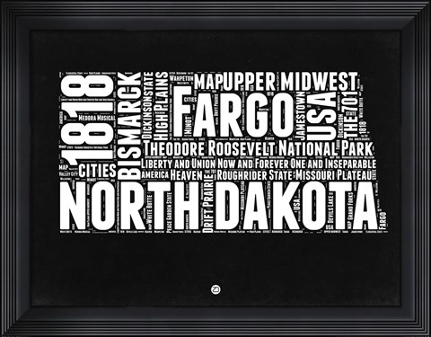 Framed North Dakota Black and White Map Print