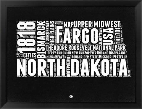 Framed North Dakota Black and White Map Print