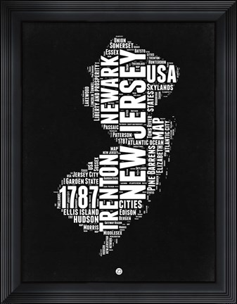 Framed New Jersey Black and White Map Print