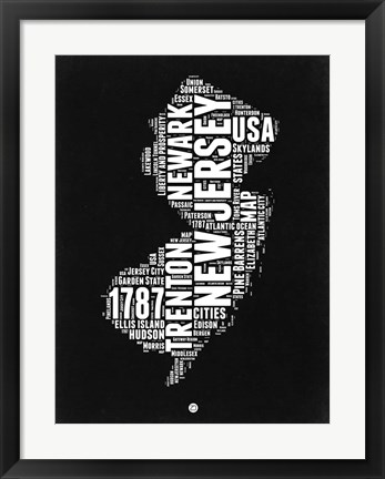 Framed New Jersey Black and White Map Print