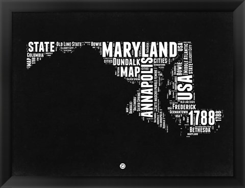 Framed Maryland Black and White Map Print