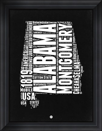 Framed Alabama Black and White Map Print