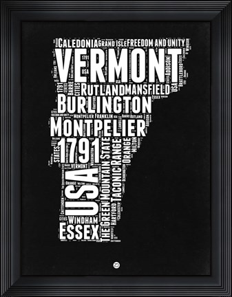 Framed Vermont Black and White Map Print