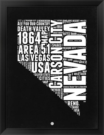 Framed Nevada Black and White Map Print