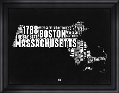 Framed Massachusetts Black and White Map Print