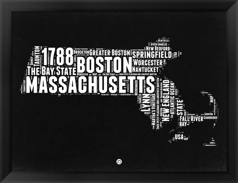 Framed Massachusetts Black and White Map Print