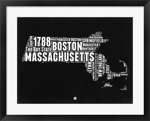 Framed Massachusetts Black and White Map Print