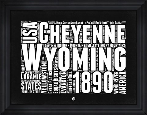 Framed Wyoming Black and White Map Print