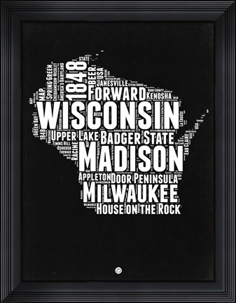 Framed Wisconsin Black and White Map Print