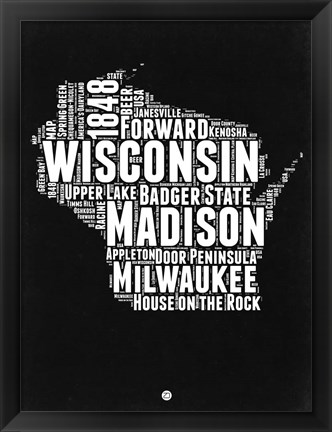 Framed Wisconsin Black and White Map Print