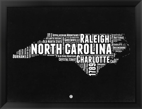 Framed North Carolina Black and White Map Print