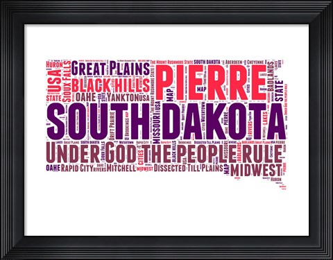 Framed South Dakota Word Cloud Map Print