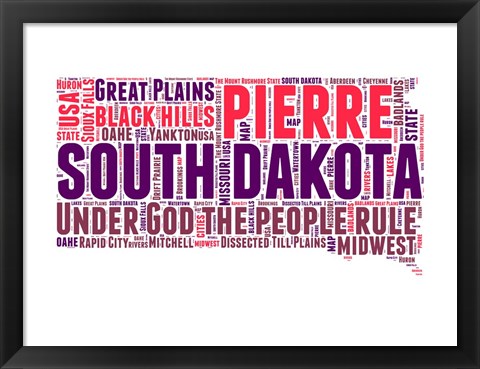 Framed South Dakota Word Cloud Map Print