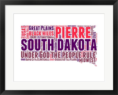 Framed South Dakota Word Cloud Map Print
