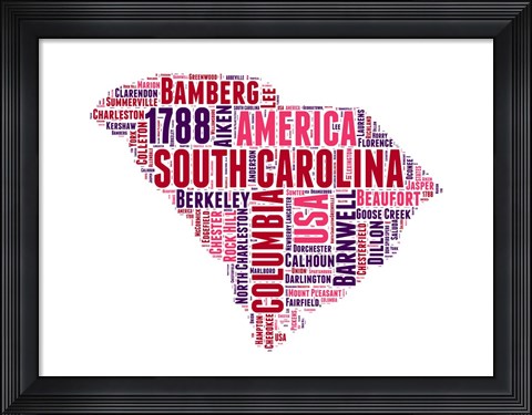 Framed South Carolina Word Cloud Map Print