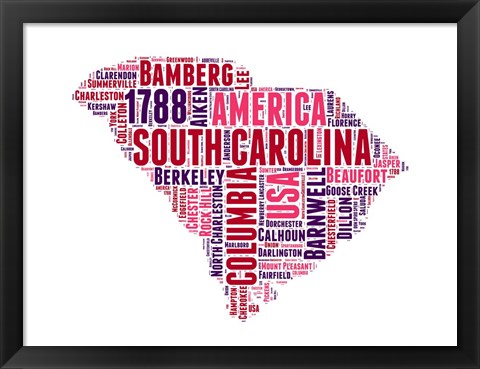 Framed South Carolina Word Cloud Map Print