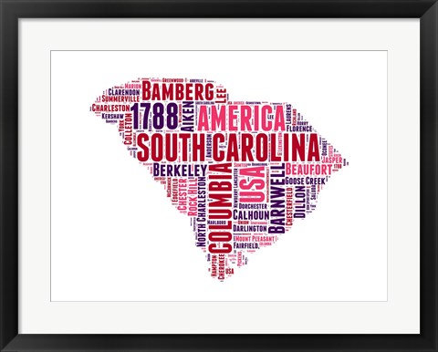 Framed South Carolina Word Cloud Map Print