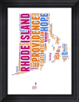 Framed Rhode Island Word Cloud Map Print