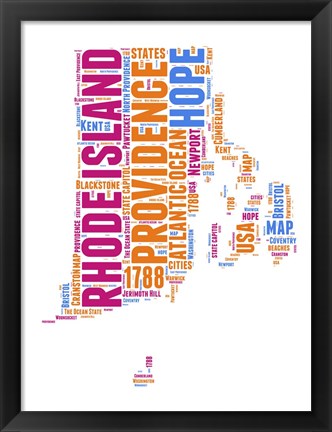 Framed Rhode Island Word Cloud Map Print