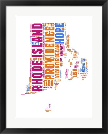 Framed Rhode Island Word Cloud Map Print