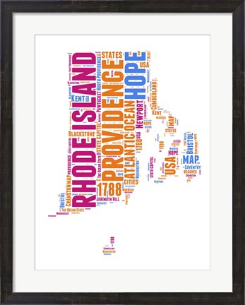 Framed Rhode Island Word Cloud Map Print