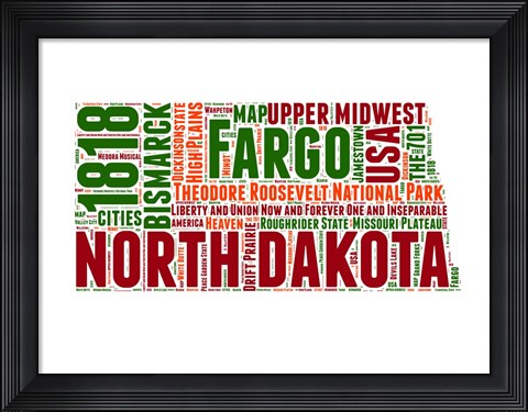 Framed North Dakota Word Cloud Map Print