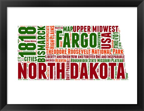 Framed North Dakota Word Cloud Map Print