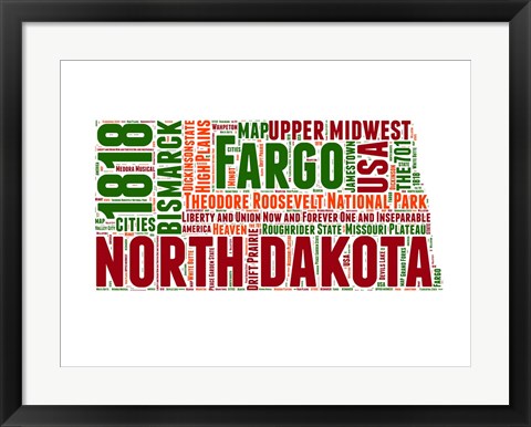 Framed North Dakota Word Cloud Map Print