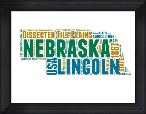Framed Nebraska Word Cloud Map Print