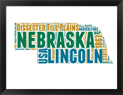 Framed Nebraska Word Cloud Map Print