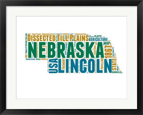 Framed Nebraska Word Cloud Map Print