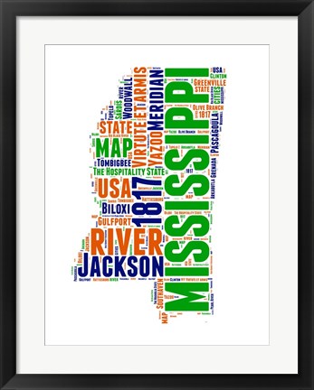 Framed Mississippi Word Cloud Map Print