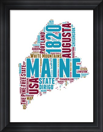Framed Maine Word Cloud Map Print