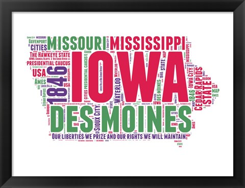 Framed Iowa Word Cloud Map Print