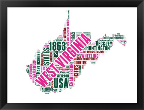 Framed West Virginia Word Cloud Map Print