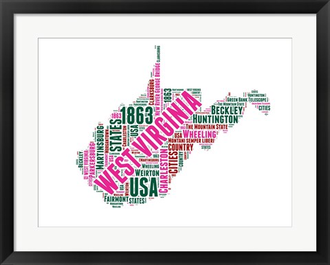 Framed West Virginia Word Cloud Map Print