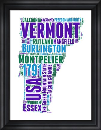 Framed Vermont Word Cloud Map Print