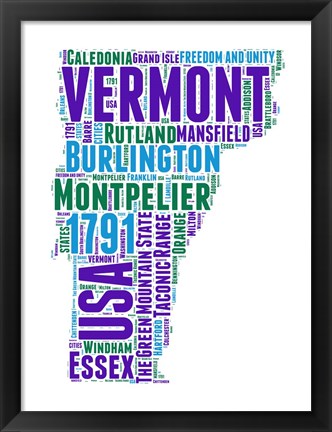 Framed Vermont Word Cloud Map Print