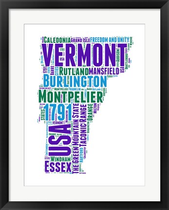 Framed Vermont Word Cloud Map Print