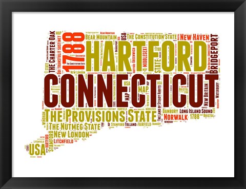 Framed Connecticut Word Cloud Map Print